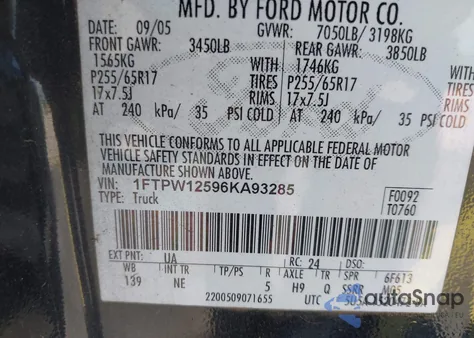 2006 Ford F-150 Lariat/Xlt from USA, damaged, VIN 1FTPW12596KA93285